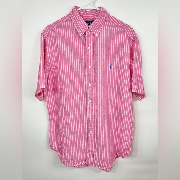 Ralph Lauren Other - Ralph Lauren Men’s Linen Pink White Stripe Button Down Short Sleeve size Medium